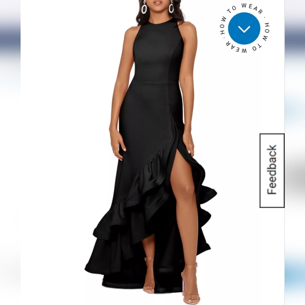 Betsy & Adam $269 Halter Neck Ruffle Tier Scuba Crepe Gown